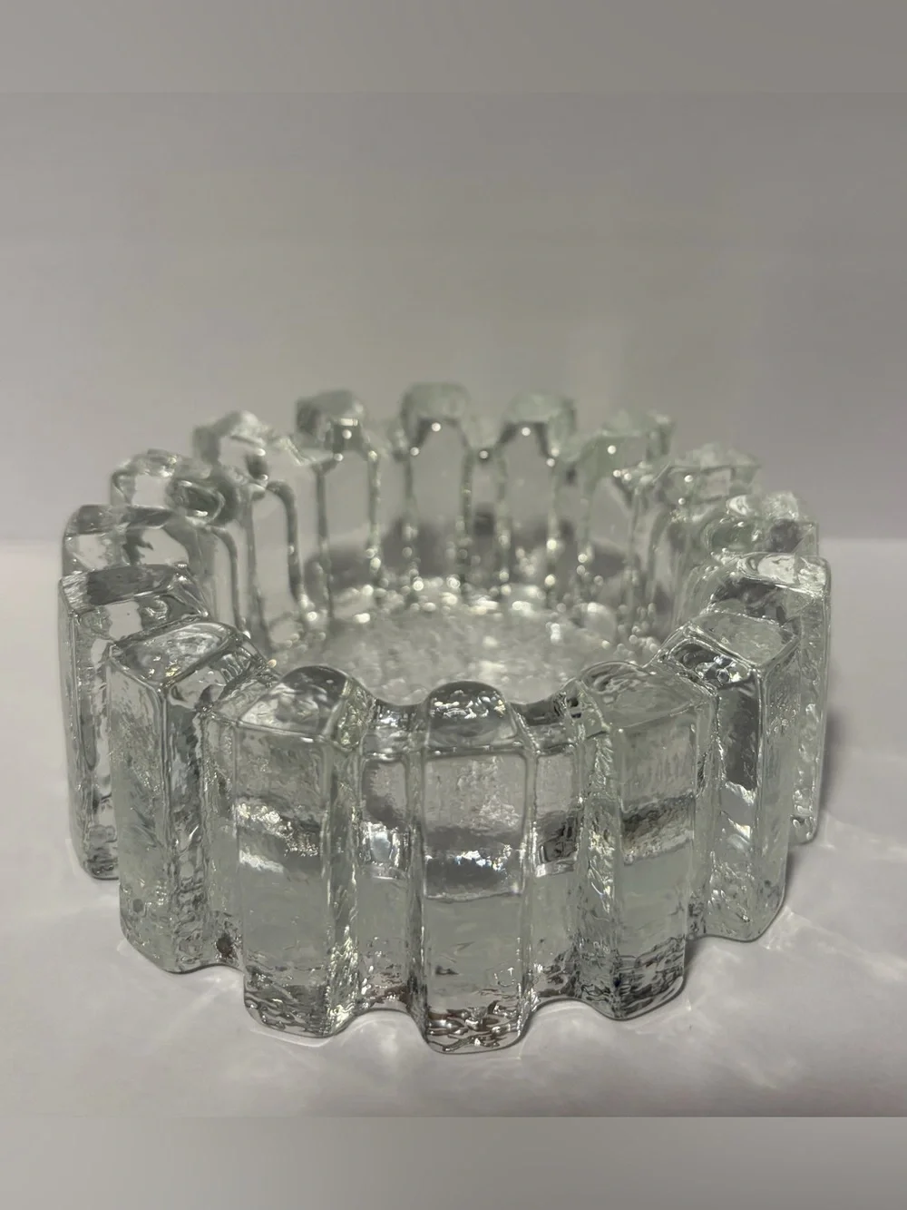 Pukeberg MCM Ice Glass Cog Wheel Candleholder Ashtray Brutalist Swedish Glows